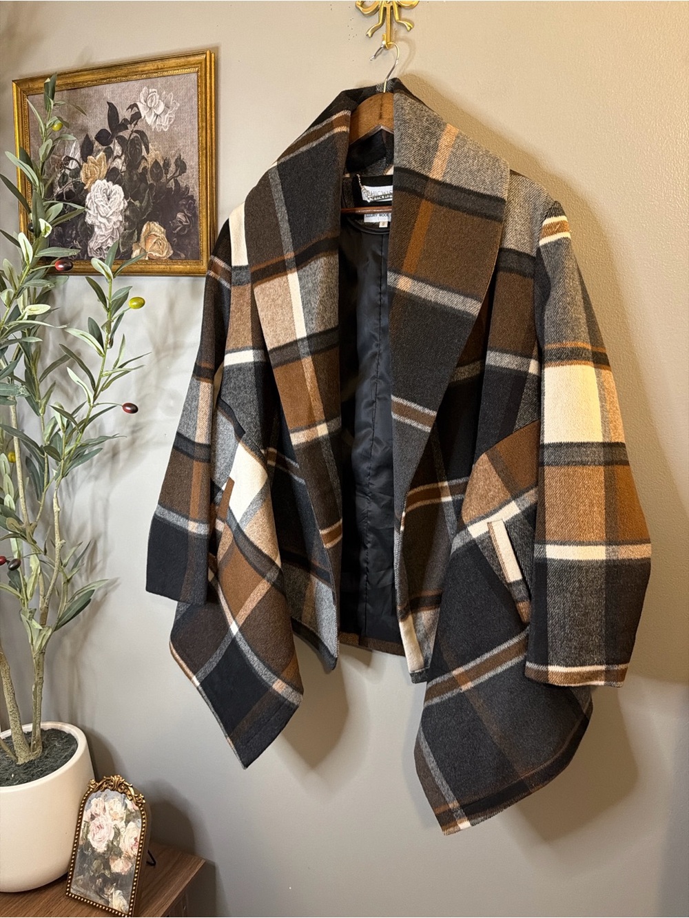 Chicwish Plaid Waterfall Jacket Wool Blend Open Front Drape Coat Brown Gray S - Picture 4 of 8
